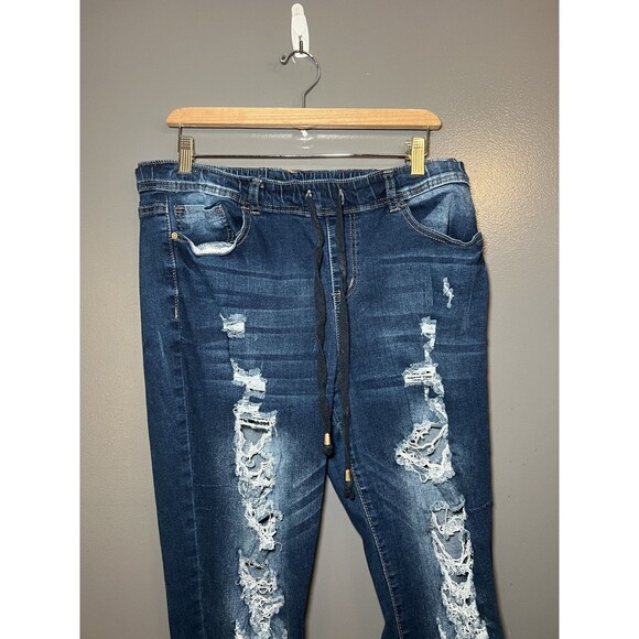 Elite Jeans Denim - Elite Jeans Jeans Womens XL Blue Distressed Skinny Stretch Drawstring Denim